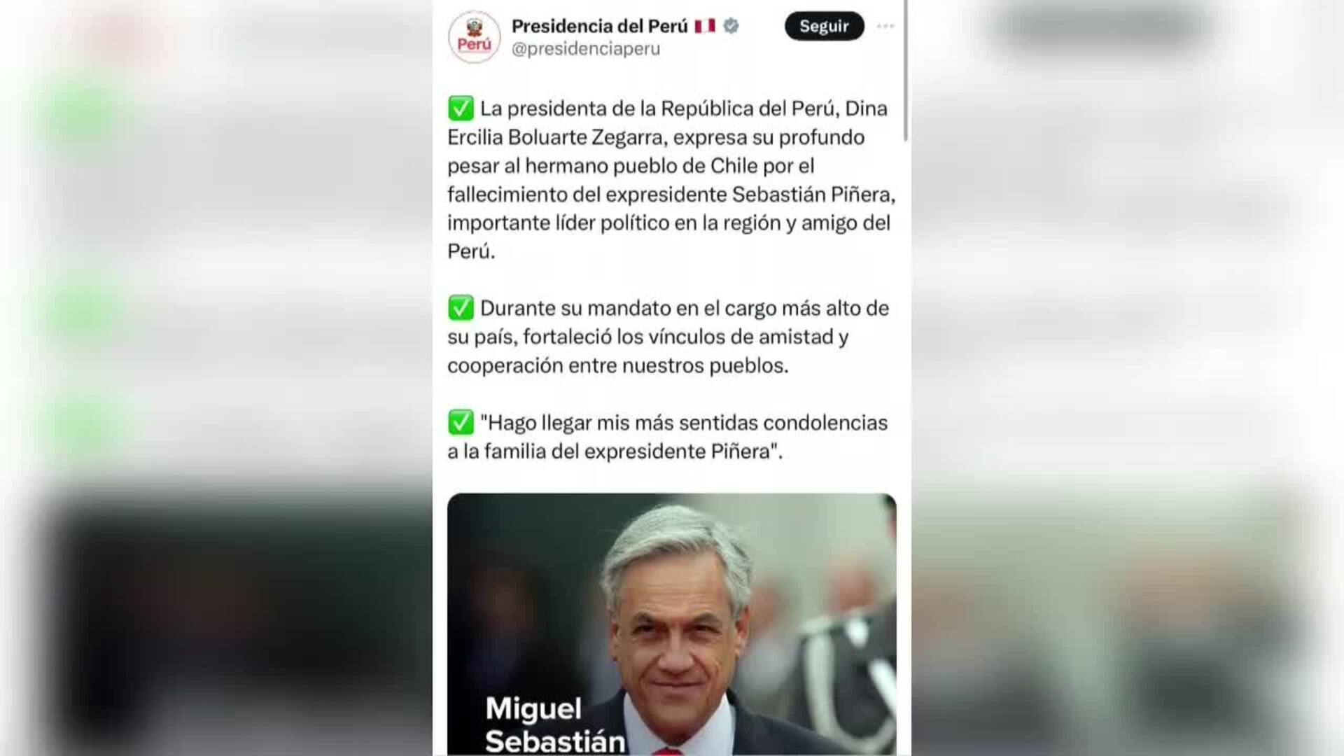 Boluarte expresa su profundo pesar por la muerte de Piñera quien fue