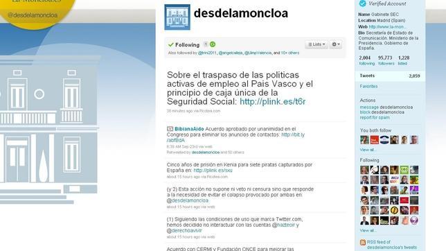 Moncloa «veta» en su cuenta de Twitter a las plataformas antiabortistas