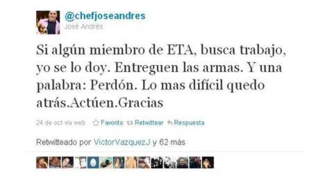 El chef José Andrés ofrece trabajo a etarras que entreguen las armas