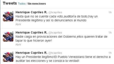 Capriles dice en Twitter que sin recuento de votos habrá un «presidente ilegítimo»