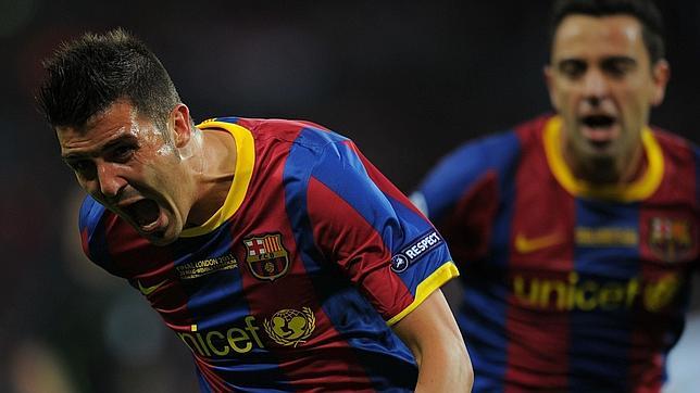 Villa celebra su gol en la final de la Champions de Wembley