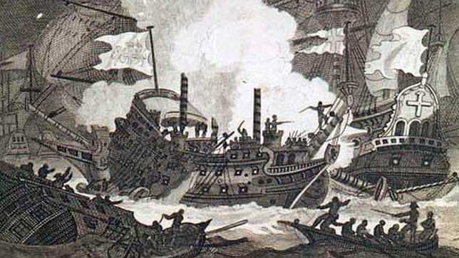 Grabado que representa al «Revenge» en las Azores