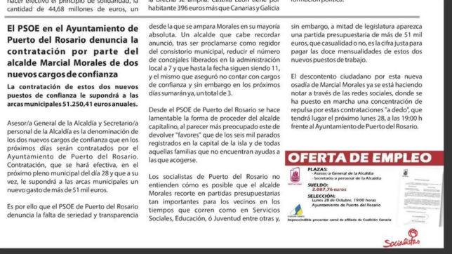 El PSOE majorero parodia los contratos «a dedo» de Coalición en Puerto del Rosario