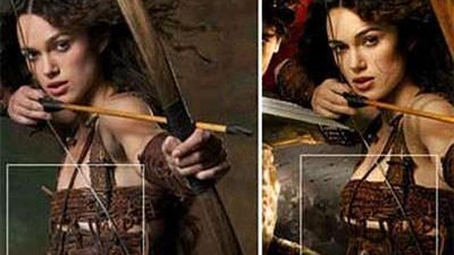 Keira Knightley, en una imagen promocional de «El rey Arturo» sin y con Photoshop