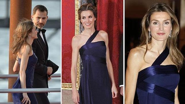 Uno de sus modelos más reutilizados es este vestido azul noche que estrenó en Londres en 2008