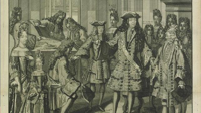 A la derecha el embajador español en París acude a reconocer a Felipe V, a la izquierda, como monarca