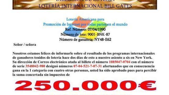 El anuncio del premio falso de lotería