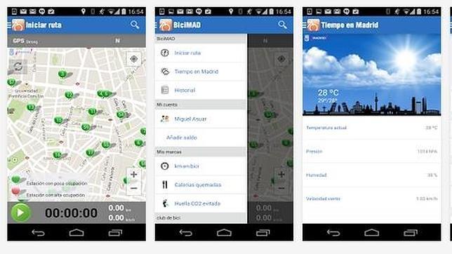 Pantallazos del contenido de la aplicación de la bici pública eléctrica de Madrid