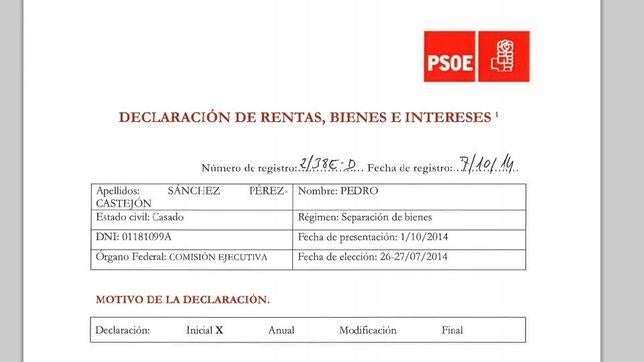 Pedro Sánchez cobra 4.443,7 euros netos al mes, tiene dos casas y un coche
