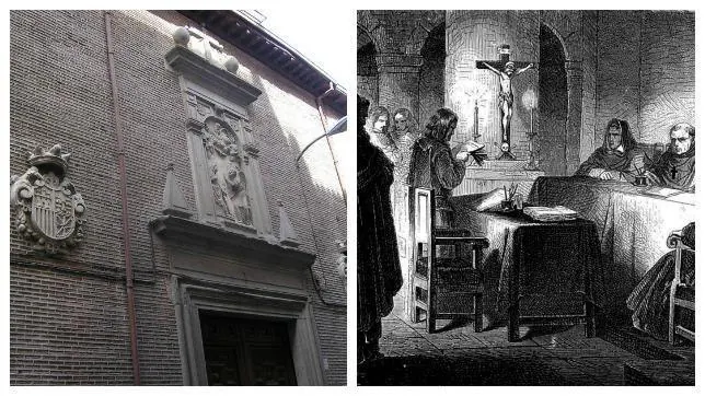 Fachada del convento de San Plácido; a la izquierda, grabado del proceso inquisidor
