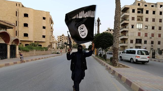 Un yihadista del EI ondea la enseña del grupo en Siria