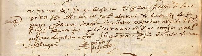 Inscripción en el acta de bautismo de Sancho Gaona