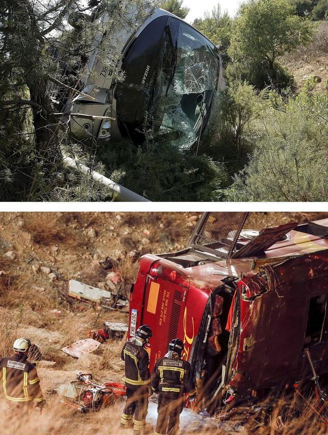 Combo de fotografías de los accidentes sufridos el 20 junio de 2010 en Castellón (arriba) y el 8 de noviembre de 2014 en Cieza (abajo)