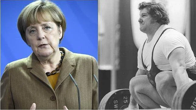 La canciller alemana, Angela Merkel. A la derecha, el levantador de peso Gerd Bonk, recientemente fallecido a causa de las secuelas que le dejó el dopaje