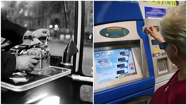 Izq., máquina expendedora de billetes en el autobús. A la derecha, una usuaria compra su billete en el Metro