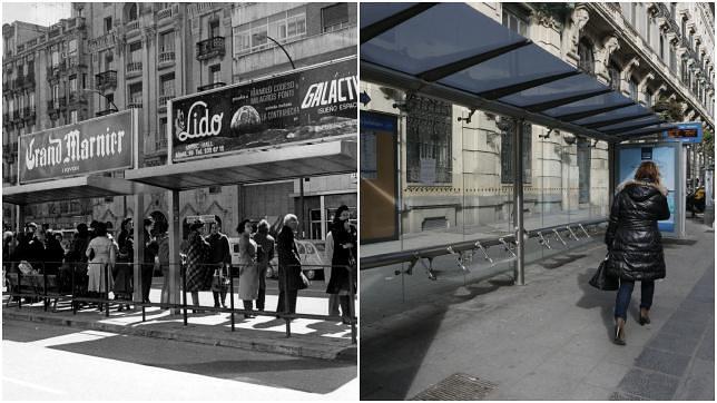 Izq, paradas de autobús en el centro de Madrid. A lad erehca, el último modelo de marquesinas
