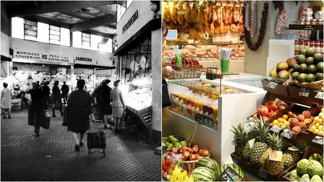 Izq., interior del Mercado de Olavide, derribado hace años. Derecha, puesto en un mercado-gourmet de Madrid