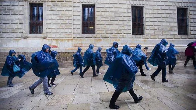Unos turistas con unos impermeables se protegen de la lluvía por el centro de Málaga