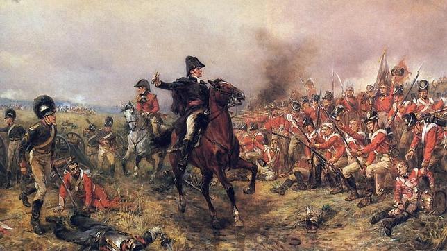 Arthur Wellesley comandando a los británicos en Waterloo.