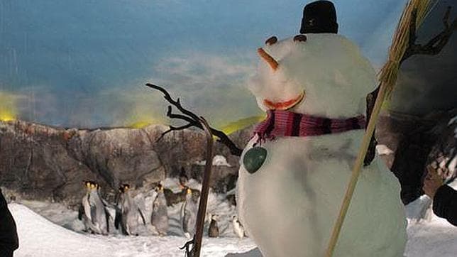 El muñeco de nieve que está en el ecosistema de los pingüinos en Faunia