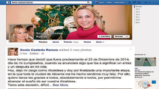 Sonia Castedo: así se gestó una dimisión a través de Facebook