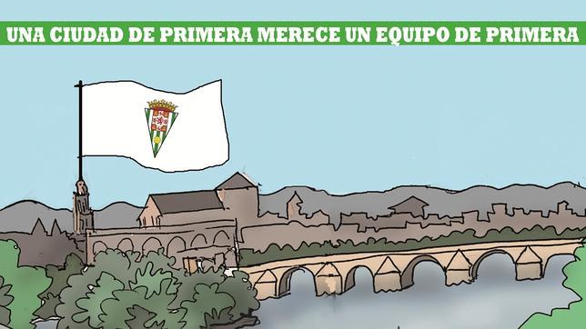 Una bandera del Córdoba CF ondea en la torre de la Mezquita