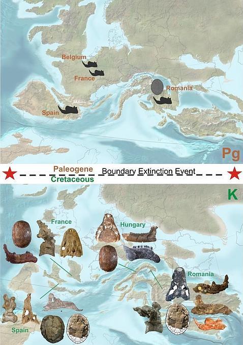 Mapa de la evolución de ecosistemas europeos en la frontera entre el Cretácico (debajo), y el Paleogeno (arriba)