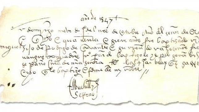 Reproducción del acta bautismal de Cervantes que se conserva a Alcalá de Henares