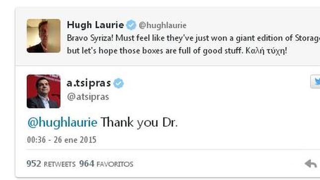 Cruce de felicitaciones en Twitter entre el actor que encarna al Doctor House y el líder de Syriza