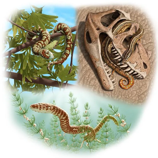 Recreación artística de tres serpientes del Jurásico al Cretácico Inferior. Arriba a la izquierda, Portugalophis lignites de Portugal; arriba a la derecha: Diablophis gilmorei de Colorado; abajo: Parviraptor estesi de Inglaterra