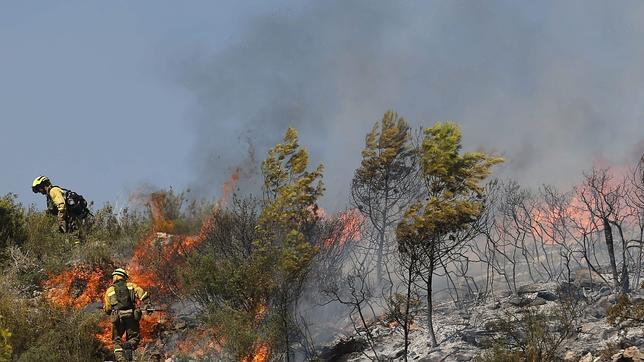 Bomberos y una brigada de Emergencia trabajan en el incendio del vertedero de Pedralba