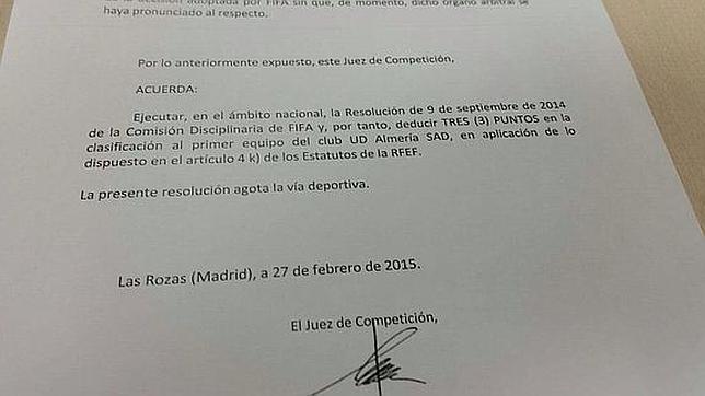 La FIFA quiere quitar tres puntos al Almería