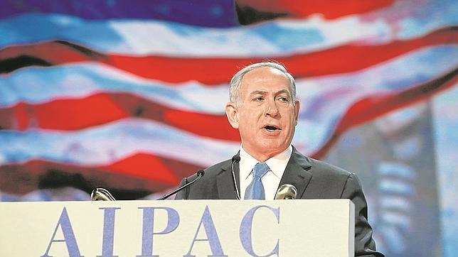 Netanyahu, ayer, en su intervención en el American Israel Public Affairs Commitee