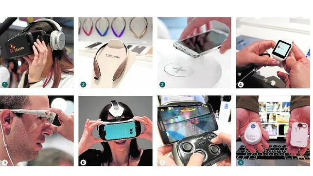 1. Dispositivo de realidad virtual de SK Telecom 2.Auriculares Tone Infinim, de LG 3.Mueble cargador de Ikea 4.Sony se apunta también al reloj «smart» 5.Gafas «inteligentes» de Sony 6. Gear VR Innovation de Samsung, casco de realidad virtual 7. Dipositivo de Samsung para jugar 8. Cámaras mini de Acumulus9’s