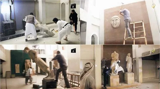 Los yihadistas destruyendo las estatuas que ahora se saben que eran falsas de Mosul