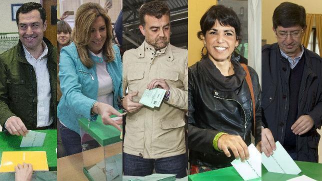 Juanma Moreno, Susana Díaz, Antonio Maíllo, Teresa Rodríguez y Juan Marín, en el momento de votar