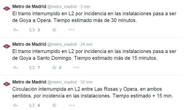 Los tuits del Metro de Madrid informando a los usuarios de la avería
