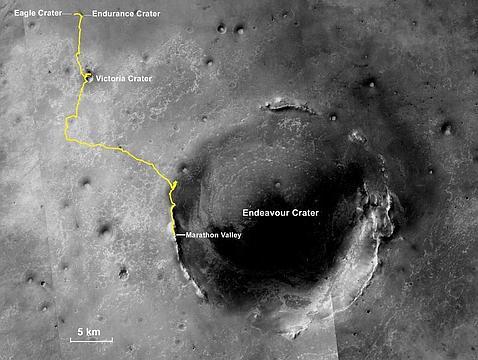 La ruta del Opportunity, desde su lugar de aterrizaje en el cráter Eagle hasta su posición actual, la distancia de un maratón