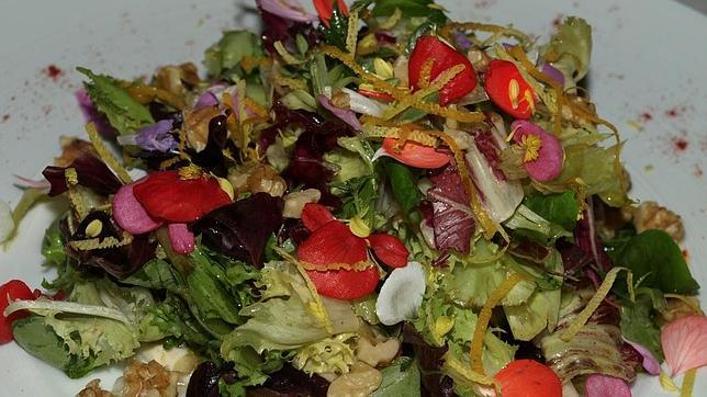 Ensalada de hojas frescas, flores y hierbas anisadas