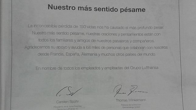 Lufthansa da su pésame por la «inconcebible pérdida de 150 vidas» en la prensa francesa, española y alemana