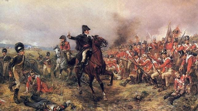 Arthur Wellesley, general británico, comandando a los compatriotas en Waterloo