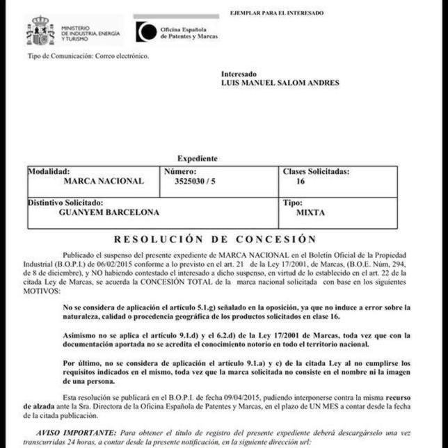 La Oficina de Patentes ratifica que Luis Salom es dueño de la marca Guanyem Barcelona