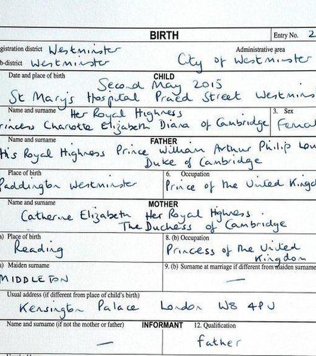 El certificado de nacimiento de la Princesa Carlota