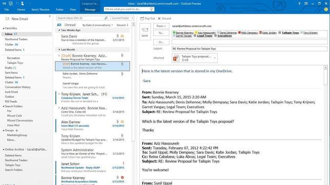 Un pantallazo de la nueva versión de Microsoft Outlook, incluida en Office 2016