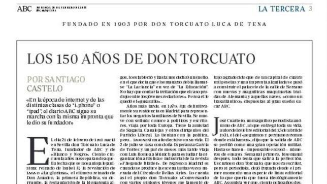 La Tercera publicada el 20 de febrero de 2011 como tributo al fundador de «Blanco y Negro» y ABC