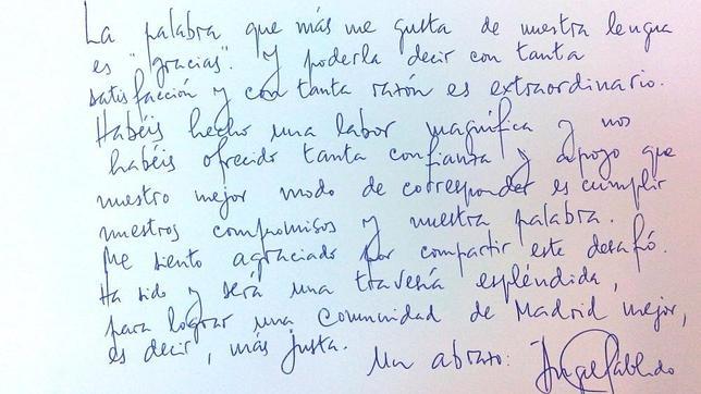 El manuscrito que Ángel Gabilondo ha publicado para dar las gracias a sus votantes