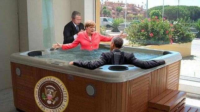 Bush masajea a Merkel mientras que Obama observa relajado, en uno de los memes surgidos tras la reunión del G7 en los Alpes