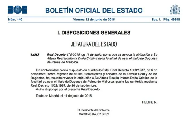El Real Decreto por el que se revoca el título de Duquesa de Palma de Mallorca a la Infanta Cristina