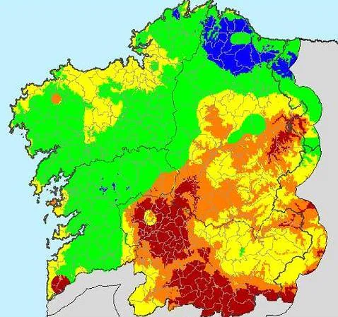 Mapa del riesgo de incendios de este jueves. En rojo, las zonas que se encuentran en peligro extremo. La situación disminuye gradualmente en naranja, amarillo, verde y azul