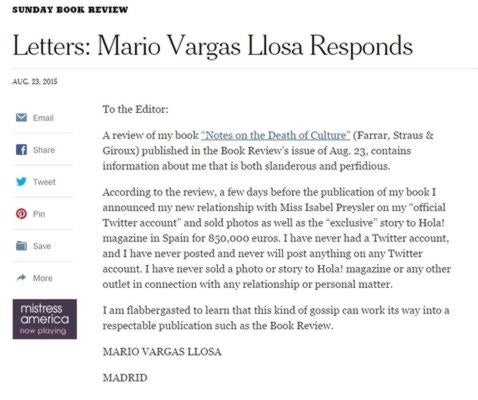 Carta de Vargas Llosa al NYT